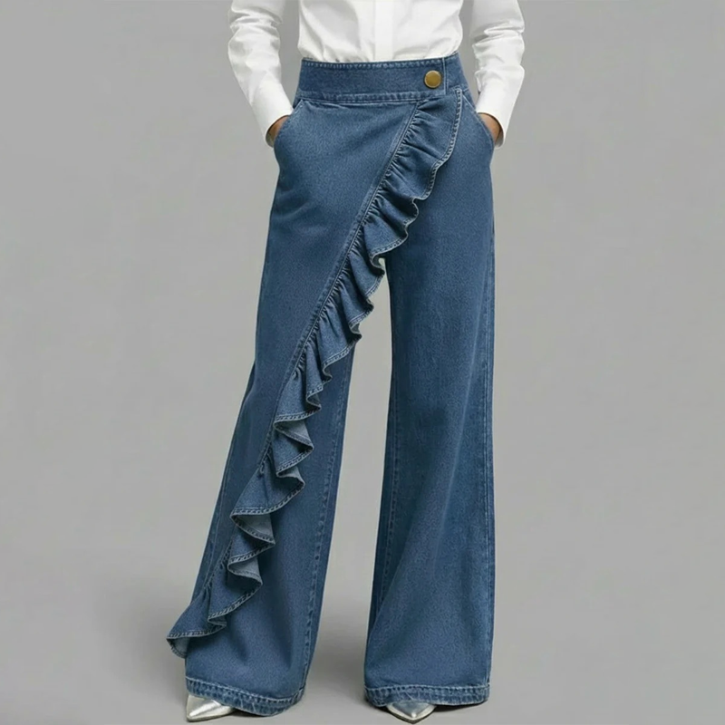 👖💙 Pantalones Vaqueros de Pierna Ancha con Volante Asimétrico para Mujer – Talle Alto, Denim Premium y Bolsillos Funcionales ✨
