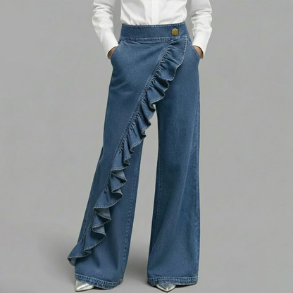 👖💙 Pantalones Vaqueros de Pierna Ancha con Volante Asimétrico para Mujer – Talle Alto, Denim Premium y Bolsillos Funcionales ✨