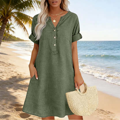 ✨👗 Vestido túnica feminino decote em V com bolsos confortável e respirável
