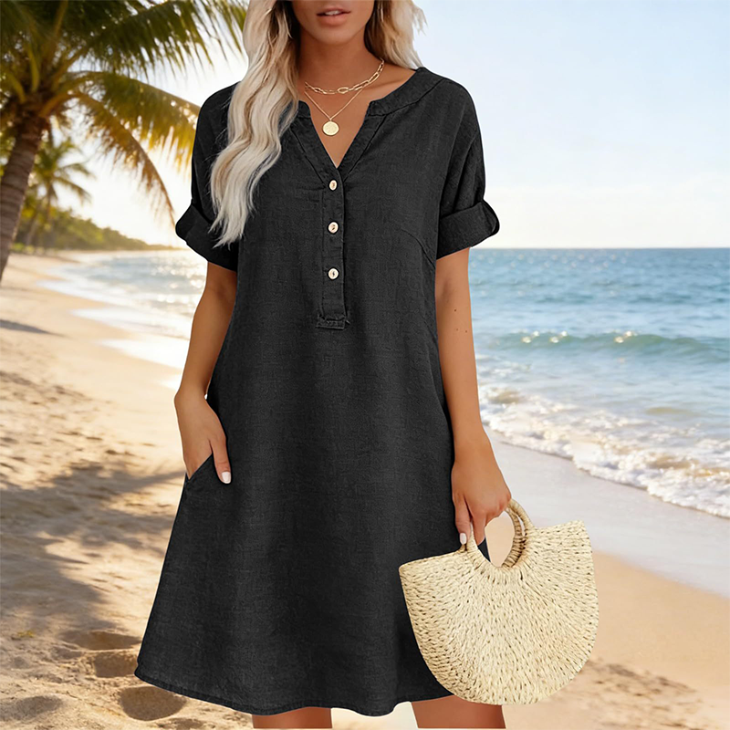 ✨👗 Vestido túnica feminino decote em V com bolsos confortável e respirável