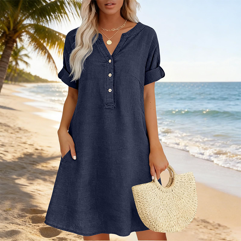 ✨👗 Vestido túnica feminino decote em V com bolsos confortável e respirável
