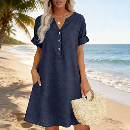 ✨👗 Vestido túnica feminino decote em V com bolsos confortável e respirável
