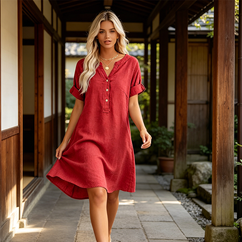✨👗 Vestido túnica feminino decote em V com bolsos confortável e respirável