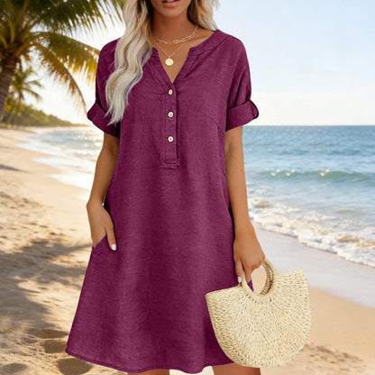 ✨👗 Vestido túnica feminino decote em V com bolsos confortável e respirável