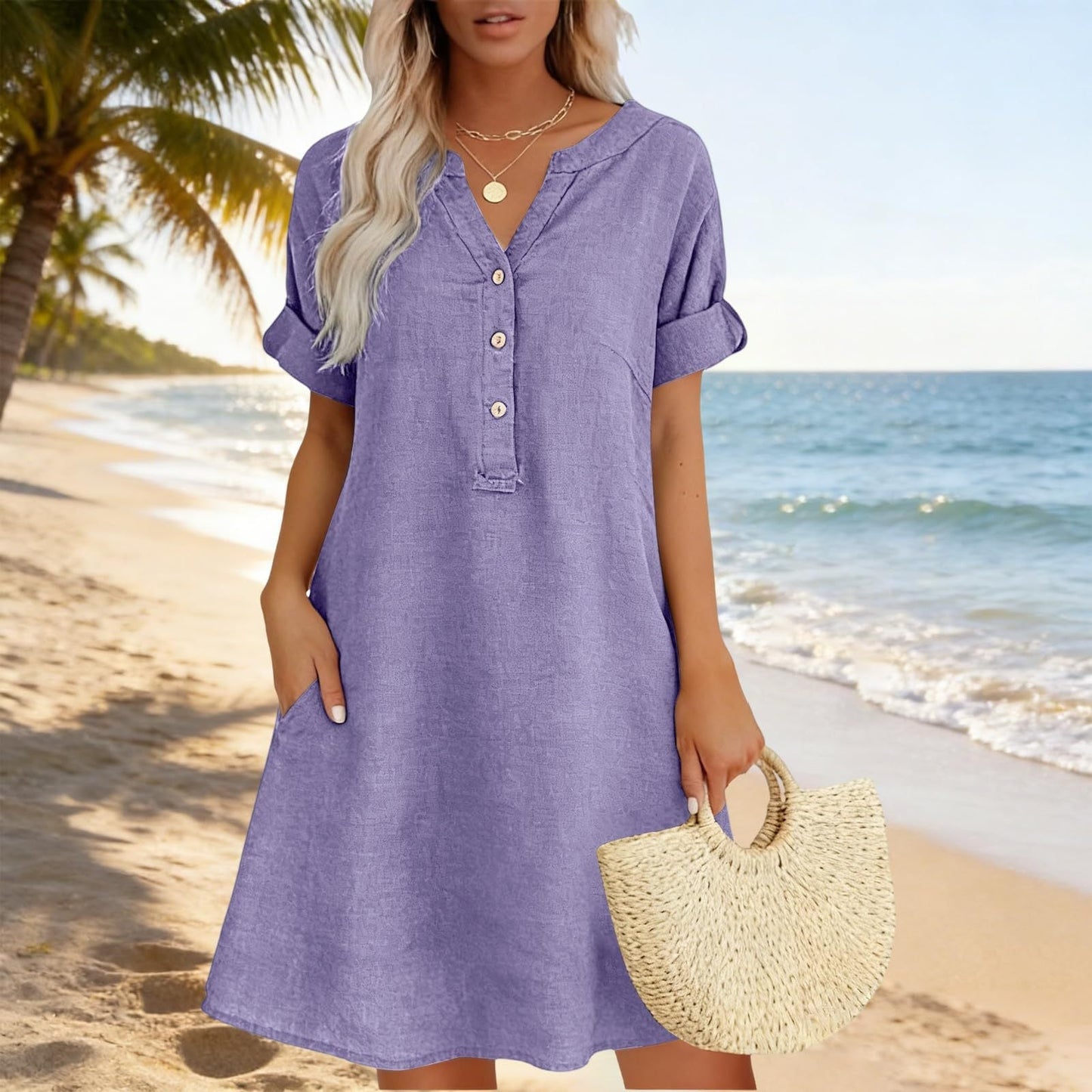 ✨👗 Vestido túnica feminino decote em V com bolsos confortável e respirável
