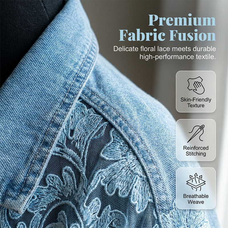 Chaqueta vaquera de mujer holgada con estampado floral y parches de encaje