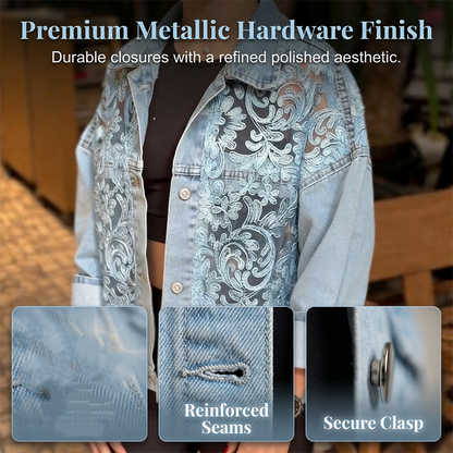 Chaqueta vaquera de mujer holgada con estampado floral y parches de encaje