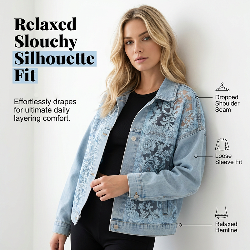 Chaqueta vaquera de mujer holgada con estampado floral y parches de encaje