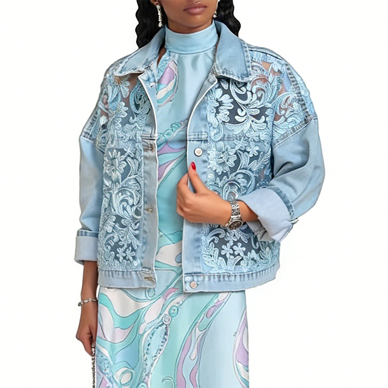 Chaqueta vaquera de mujer holgada con estampado floral y parches de encaje