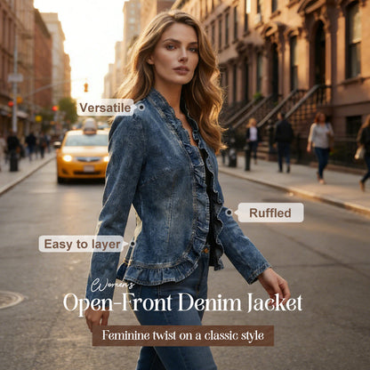 Jaqueta jeans feminina com babados e abertura na frente – Leve, feminina e versátil – chique para qualquer look 👗