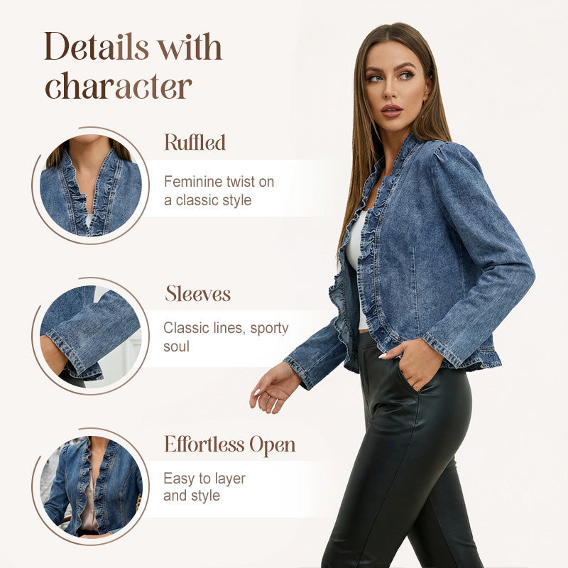 Jaqueta jeans feminina com babados e abertura na frente – Leve, feminina e versátil – chique para qualquer look 👗