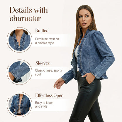 Jaqueta jeans feminina com babados e abertura na frente – Leve, feminina e versátil – chique para qualquer look 👗