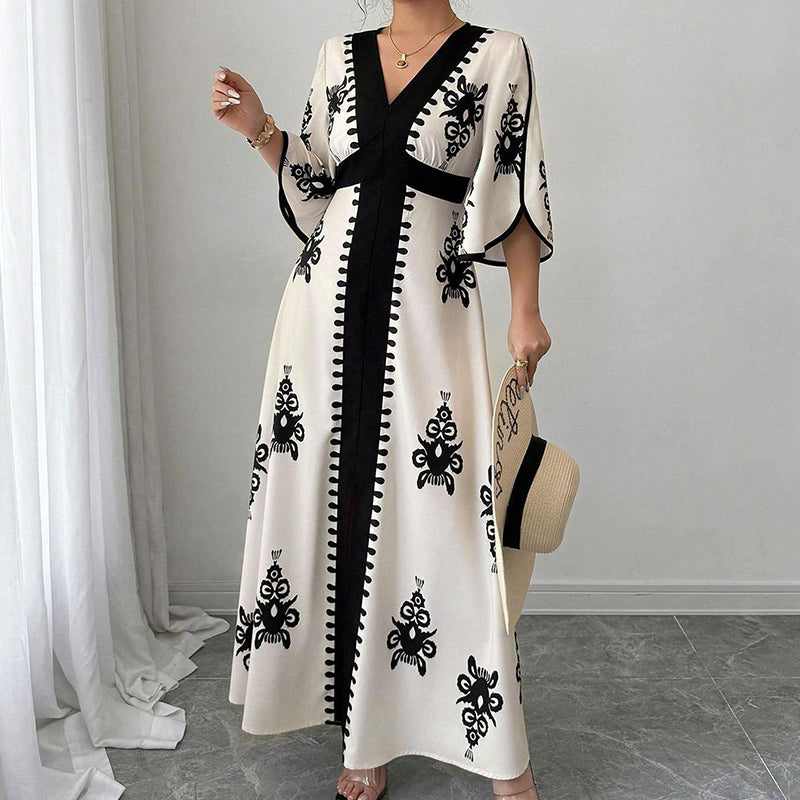 ✨👗 Vestido longo estampado feminino elegante decote em V confortável e sofisticado