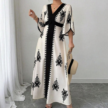✨👗 Vestido longo estampado feminino elegante decote em V confortável e sofisticado