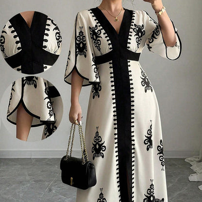✨👗 Vestido longo estampado feminino elegante decote em V confortável e sofisticado