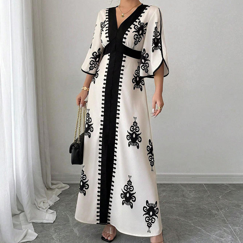 ✨👗 Vestido longo estampado feminino elegante decote em V confortável e sofisticado