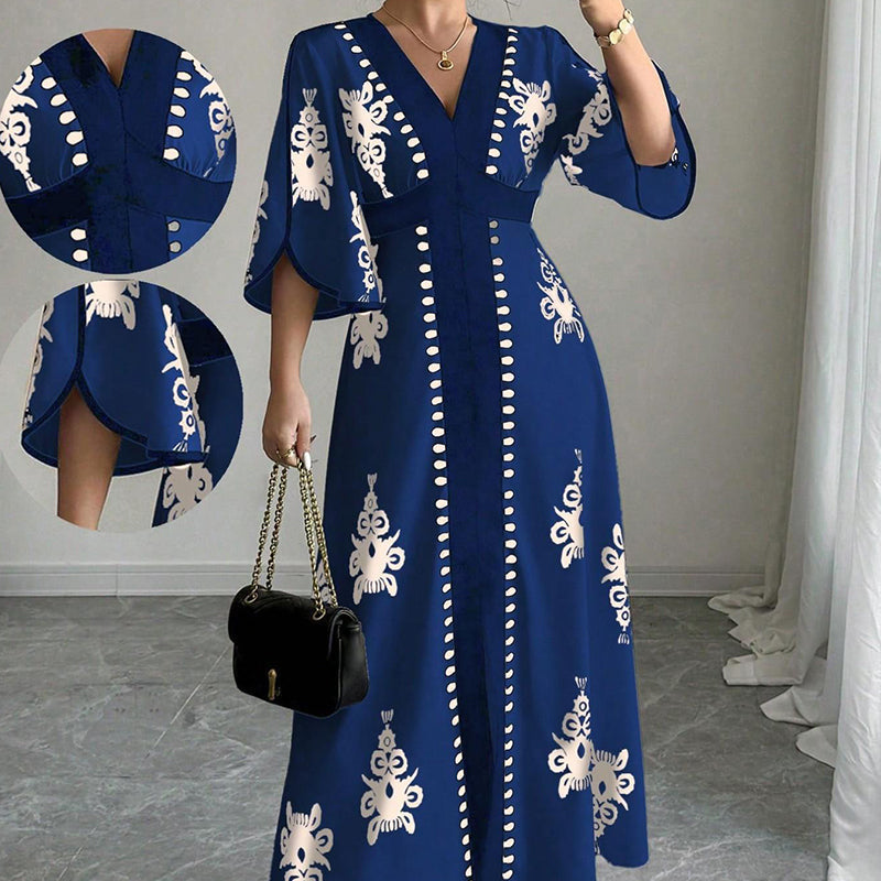 ✨👗 Vestido longo estampado feminino elegante decote em V confortável e sofisticado