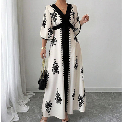 ✨👗 Vestido longo estampado feminino elegante decote em V confortável e sofisticado