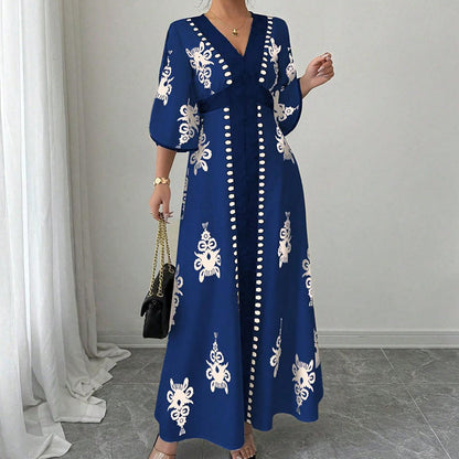 ✨👗 Vestido longo estampado feminino elegante decote em V confortável e sofisticado