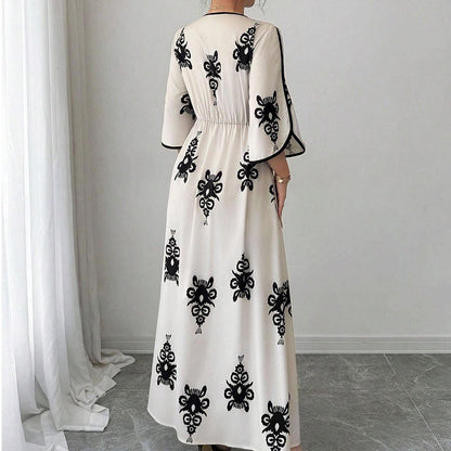 ✨👗 Vestido longo estampado feminino elegante decote em V confortável e sofisticado