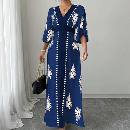 ✨👗 Vestido longo estampado feminino elegante decote em V confortável e sofisticado