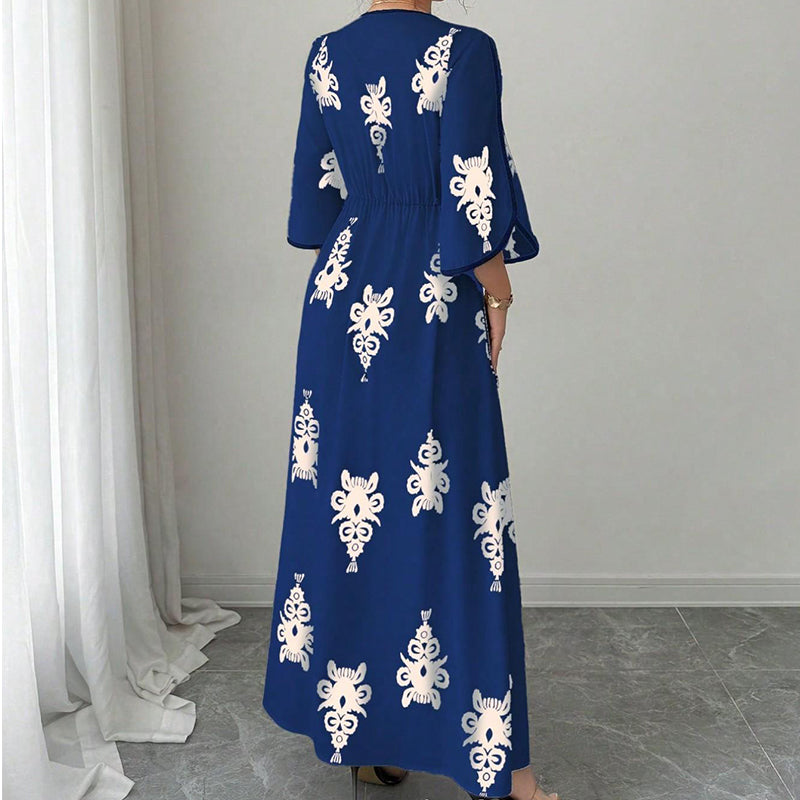 ✨👗 Vestido longo estampado feminino elegante decote em V confortável e sofisticado