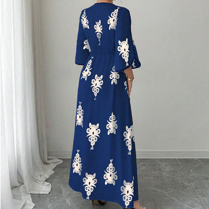 ✨👗 Vestido longo estampado feminino elegante decote em V confortável e sofisticado