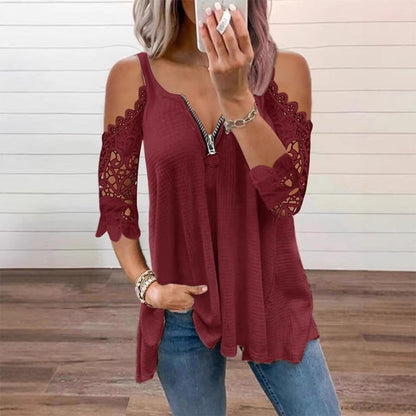 Top imprescindible 🔥 de encaje con hombros descubiertos y cremallera: detalle moderno y tejido transpirable para un estilo sin esfuerzo ✨