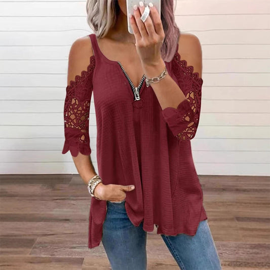 Top imprescindible 🔥 de encaje con hombros descubiertos y cremallera: detalle moderno y tejido transpirable para un estilo sin esfuerzo ✨