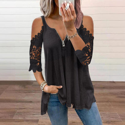 Top imprescindible 🔥 de encaje con hombros descubiertos y cremallera: detalle moderno y tejido transpirable para un estilo sin esfuerzo ✨