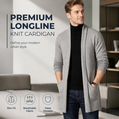 Cárdigan de punto largo informal para hombre con bolsillos para primavera y otoño