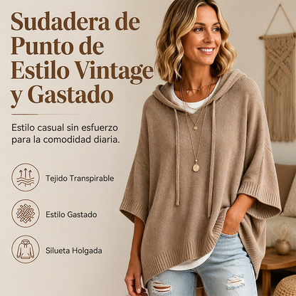 🧥✨ Sudadera con Capucha de Punto Vintage para Mujer – Diseño Desgastado, Tejido Suave y Estilo Casual Sofisticado