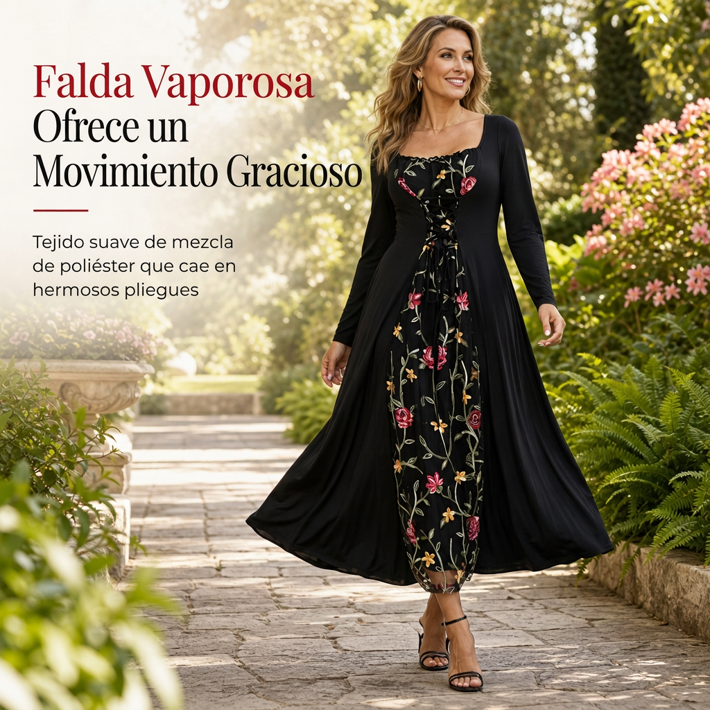 👗🌸 Vestido Largo Bordado Floral para Mujer – Escote Cuadrado, Corte Favorecedor y Elegancia Bohemi