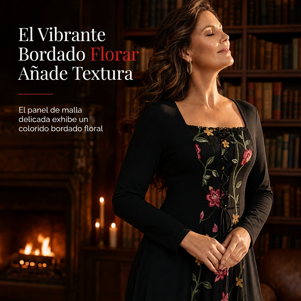 👗🌸 Vestido Largo Bordado Floral para Mujer – Escote Cuadrado, Corte Favorecedor y Elegancia Bohemi