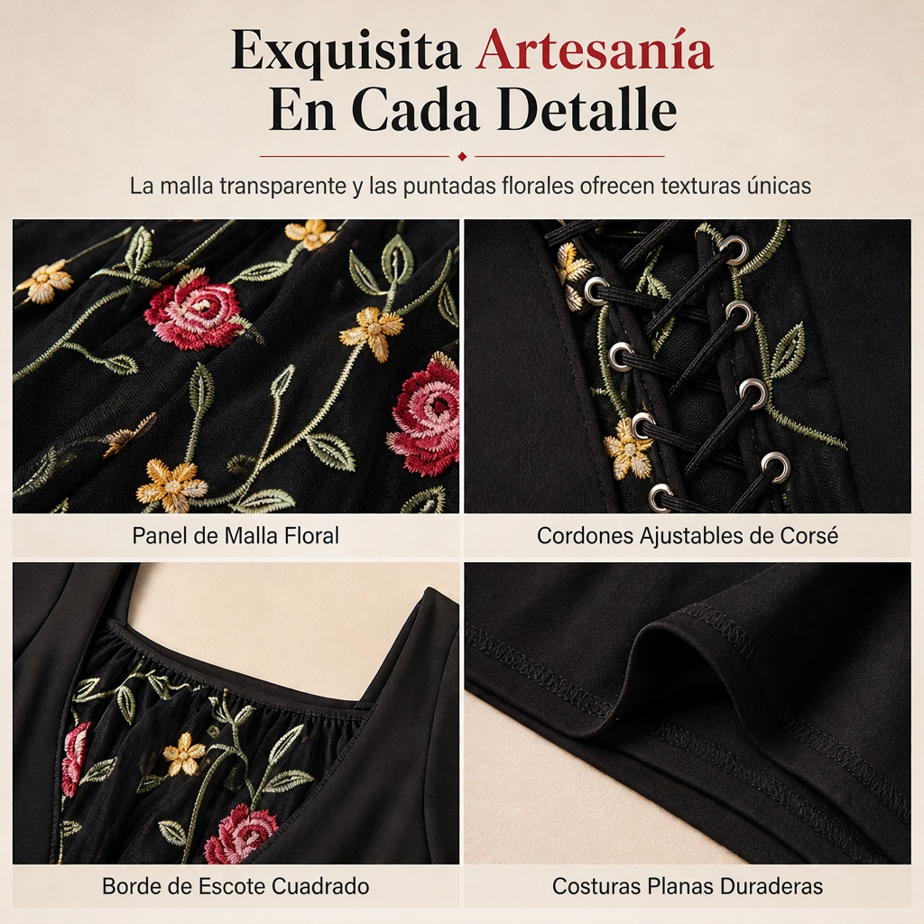 👗🌸 Vestido Largo Bordado Floral para Mujer – Escote Cuadrado, Corte Favorecedor y Elegancia Bohemi