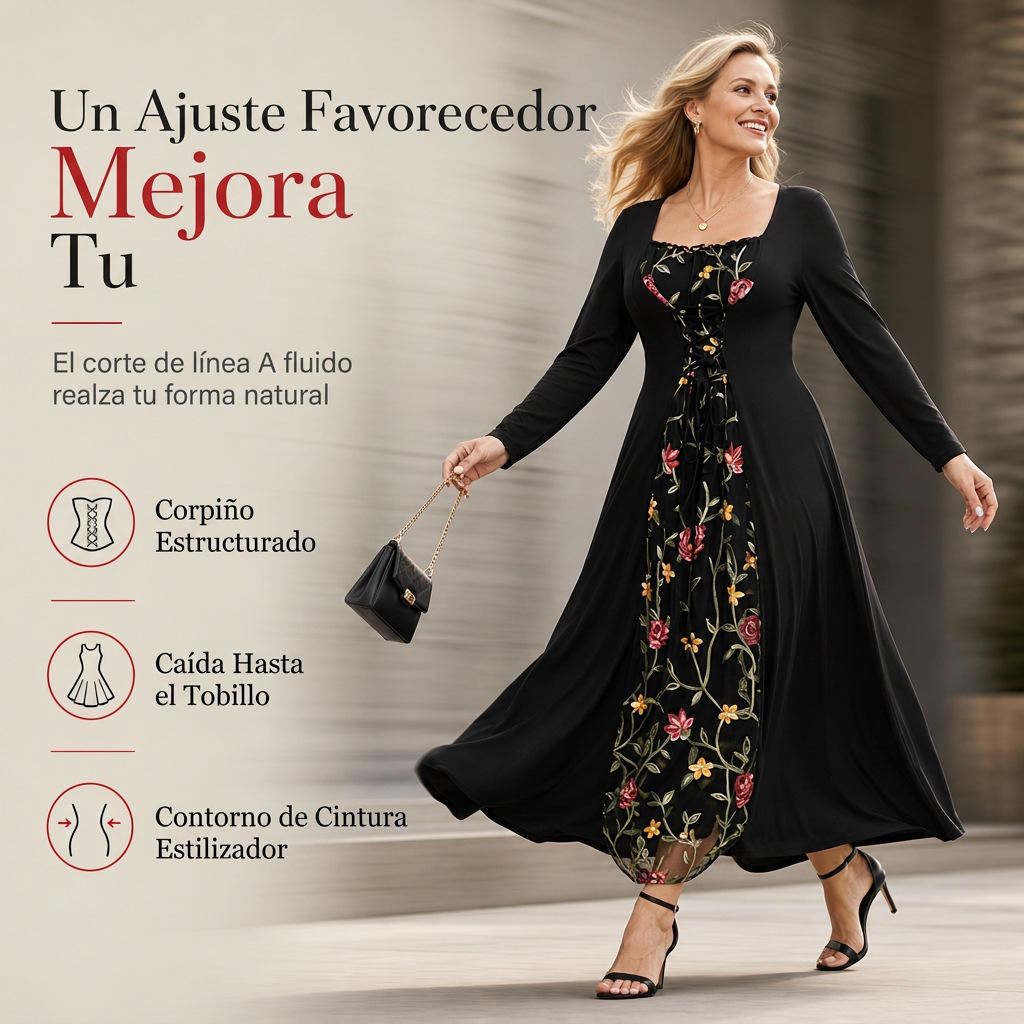 👗🌸 Vestido Largo Bordado Floral para Mujer – Escote Cuadrado, Corte Favorecedor y Elegancia Bohemi