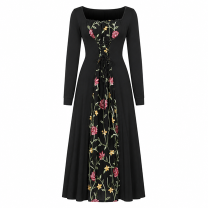 👗🌸 Vestido Largo Bordado Floral para Mujer – Escote Cuadrado, Corte Favorecedor y Elegancia Bohemi