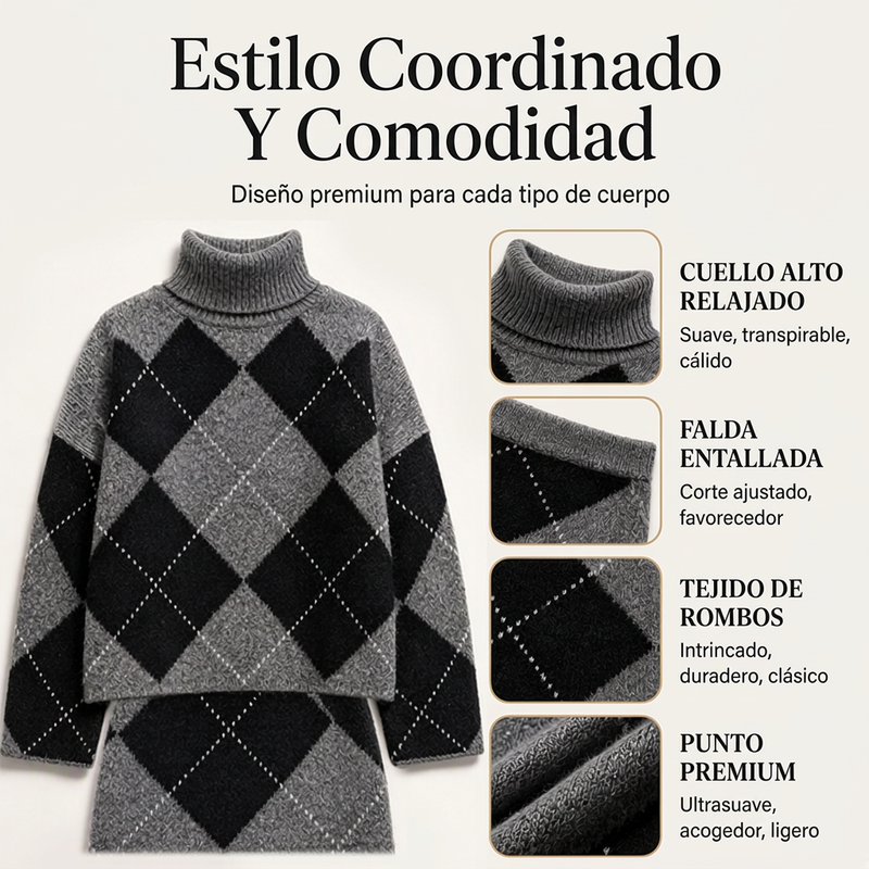 Conjunto de jersey de punto de rombos y falda para mujer