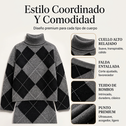 Conjunto de jersey de punto de rombos y falda para mujer