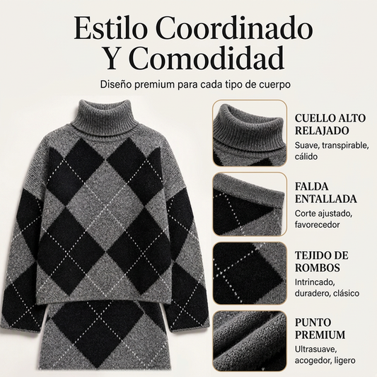 Conjunto de jersey de punto de rombos y falda para mujer