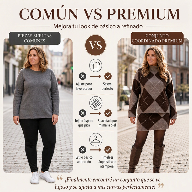 Conjunto de jersey de punto de rombos y falda para mujer