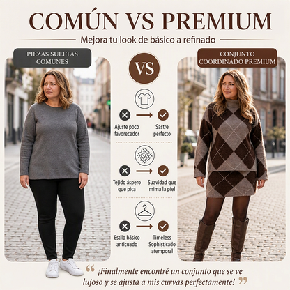 Conjunto de jersey de punto de rombos y falda para mujer