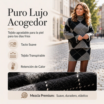 Conjunto de jersey de punto de rombos y falda para mujer