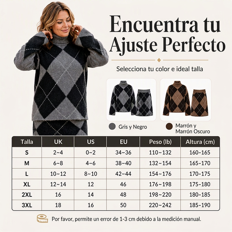Conjunto de jersey de punto de rombos y falda para mujer