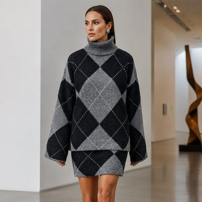 Conjunto de jersey de punto de rombos y falda para mujer
