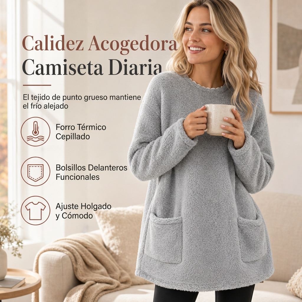 Top de manga larga con cuello redondo cálido para mujer