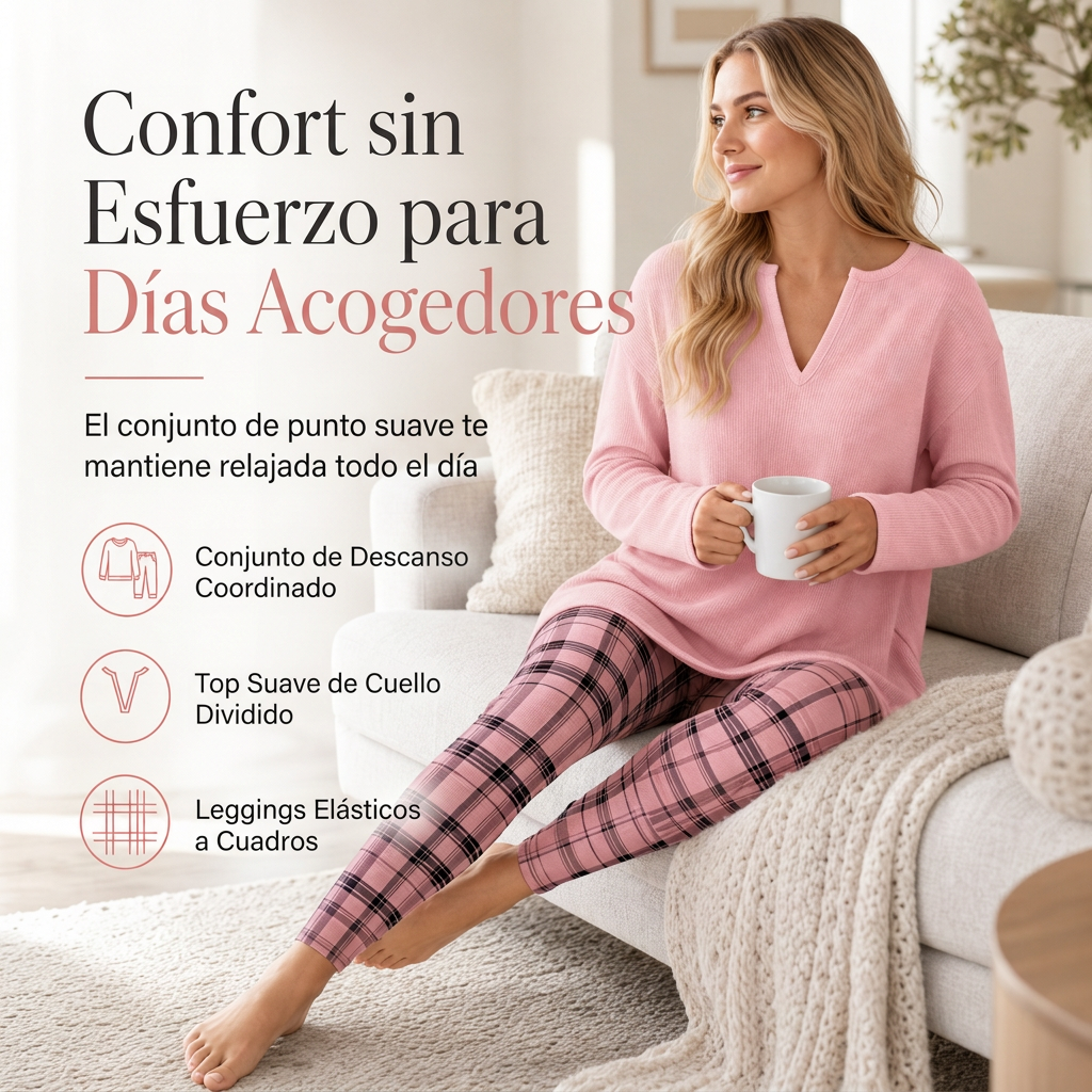 Conjunto de top de punto y leggings a cuadros para mujer