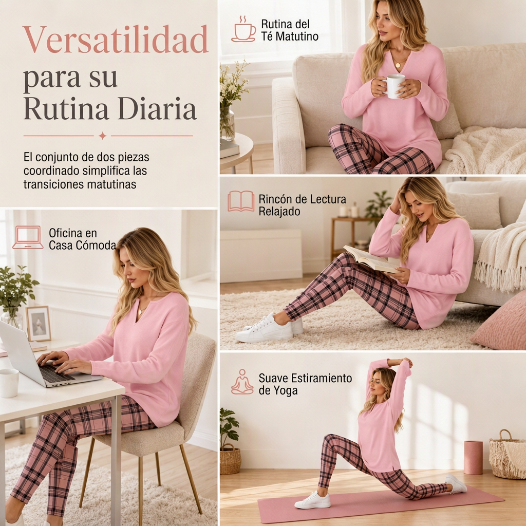 Conjunto de top de punto y leggings a cuadros para mujer