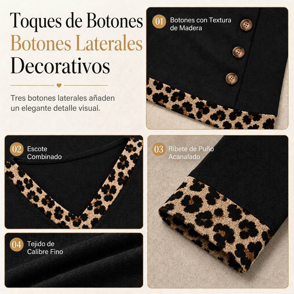 Top de punto de manga larga con cuello en V para mujer