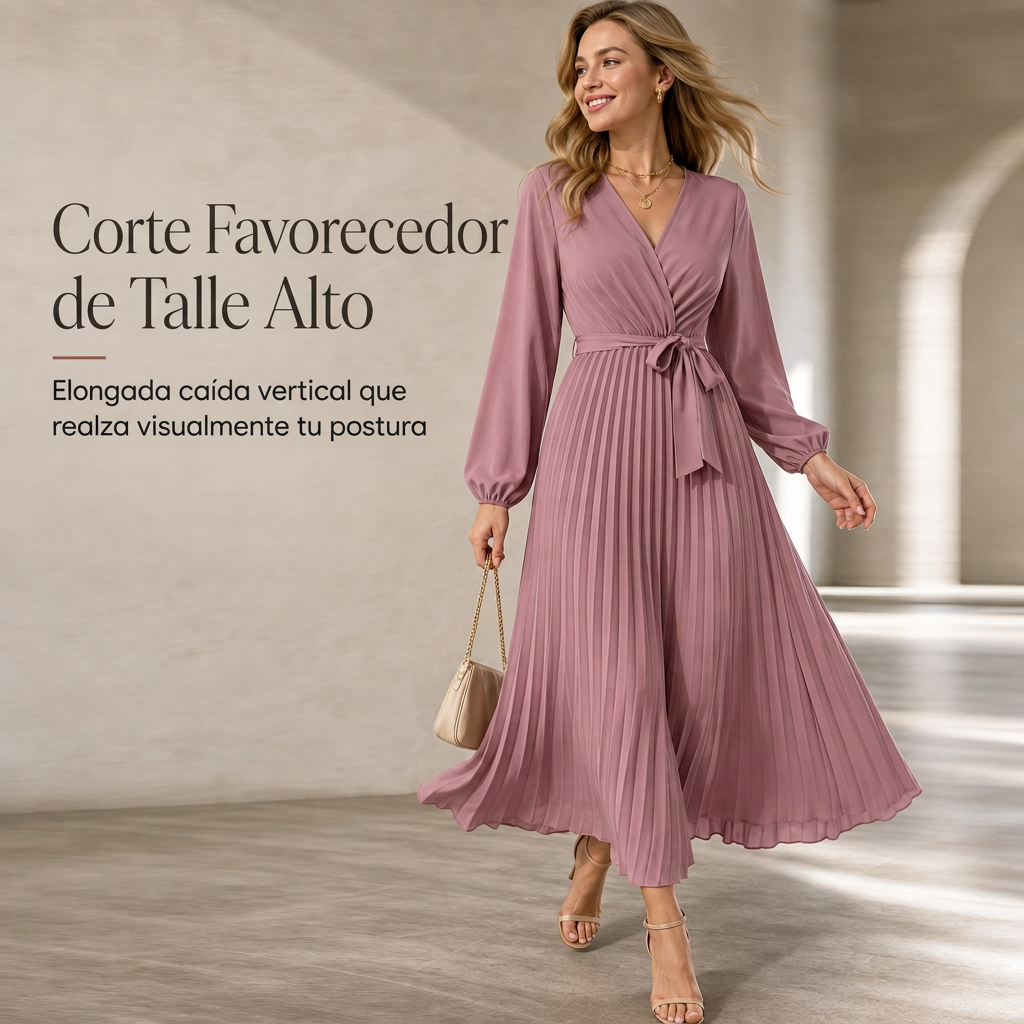 Vestido maxi plisado con cuello en V cruzado elegante para mujer